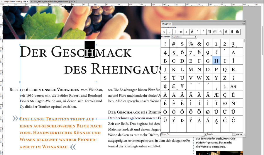 Kapitaelchen in der Glyphentabelle von InDesign