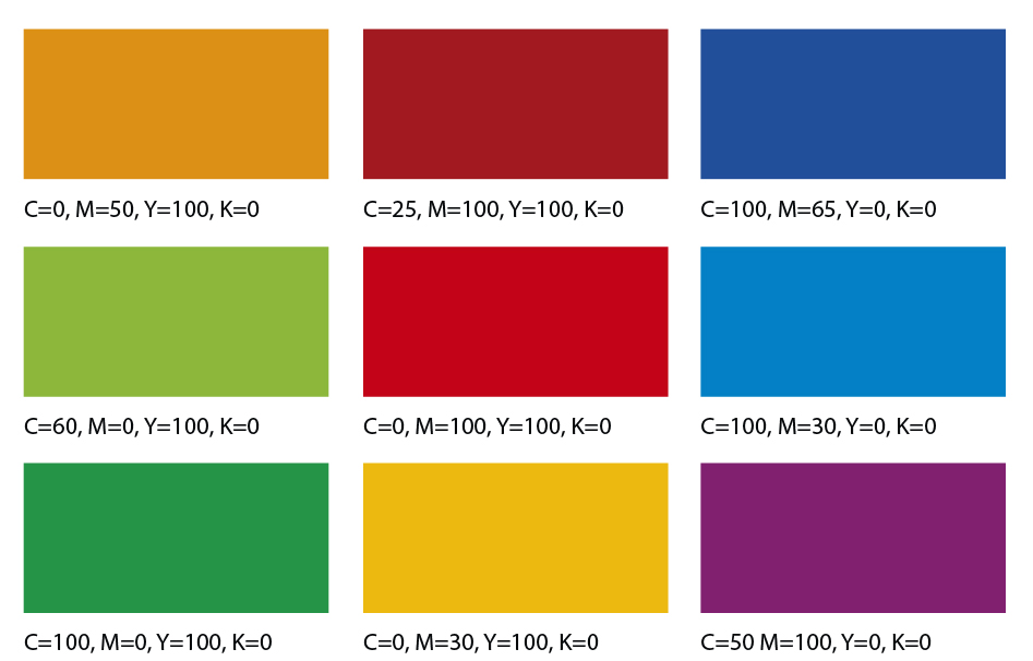 Beispiele von Farben im CMYK-Modus für die Druckproduktion in InDesign.