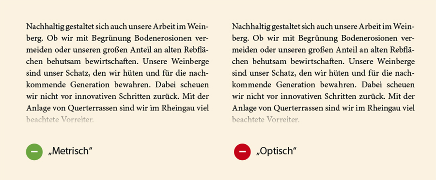 Wortabstände im Blocksatz bei optischem und metrischem Kerning in InDesign.