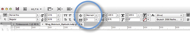 Zeichenpalette von Adobe InDesign mit den Einstellungen für Optisches und Metrisches Kerning.