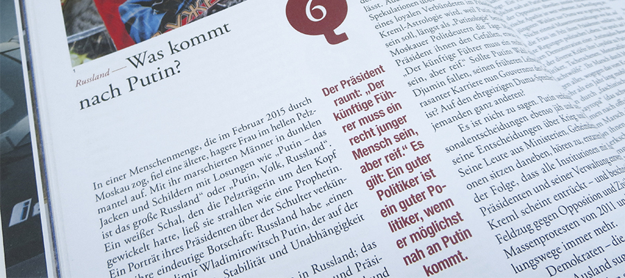 Axialer Zeilenfall in einer Randspalte: Schön gestaltet, aber schwierig zu lesen.