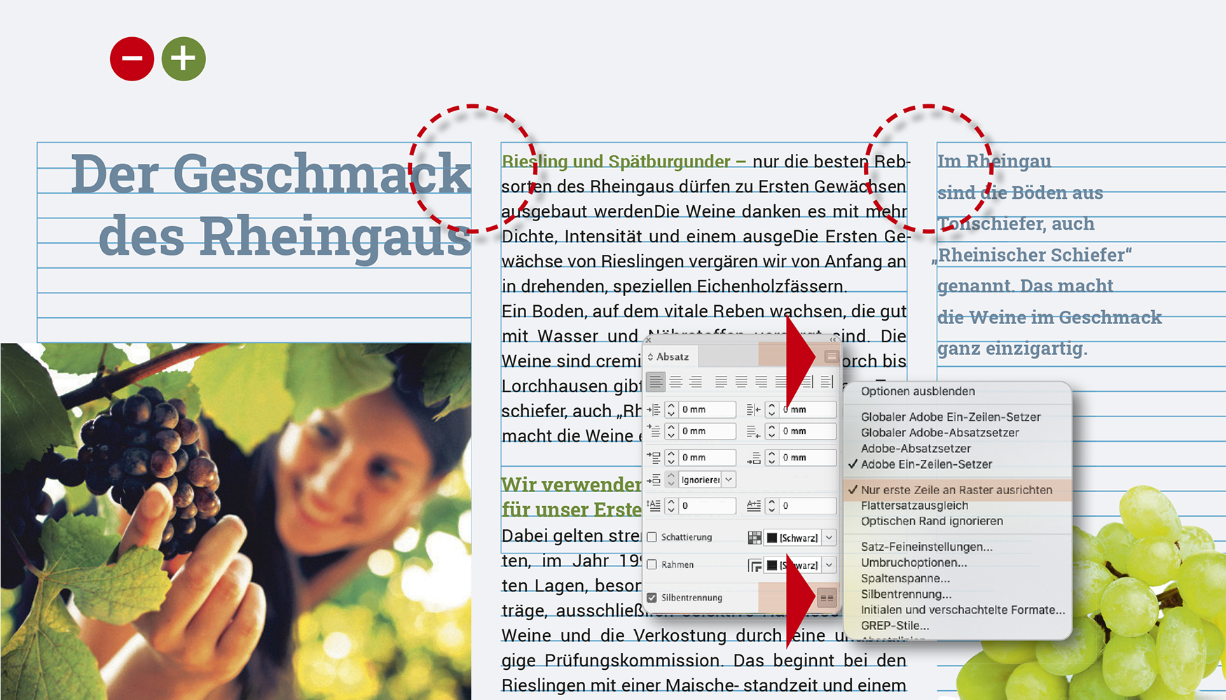 Individueller Zeilenabstand im Grundlinienraster ist möglich durch nur erste Zeile in Raster einbinden.