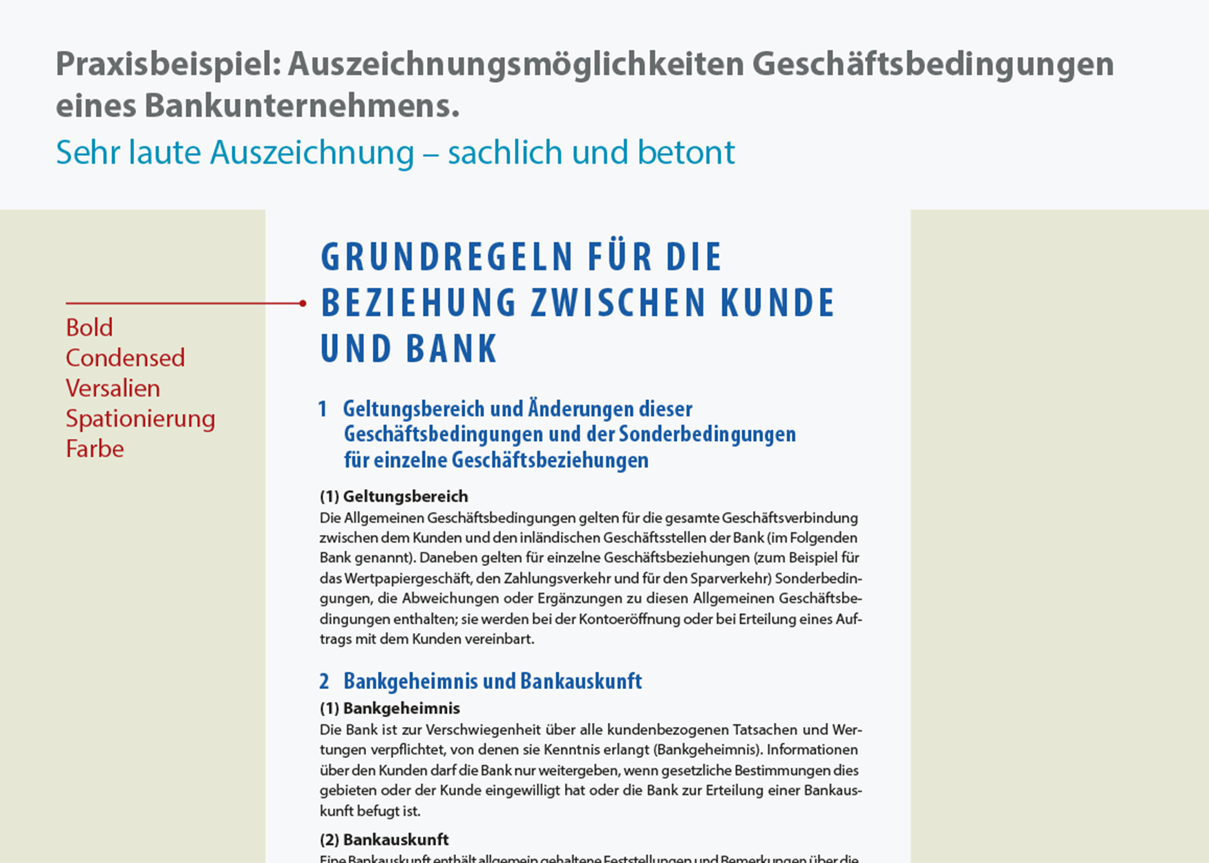 Der Text wirkt sachlich und betont durch die Auszeichnung Bold, Versalien und Farbe.